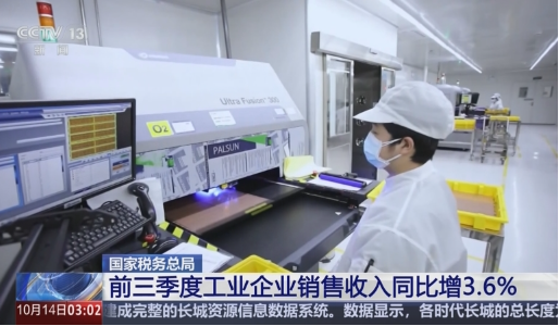 今年前三季度，全國工業(yè)企業(yè)銷售收入同比增長3.6%